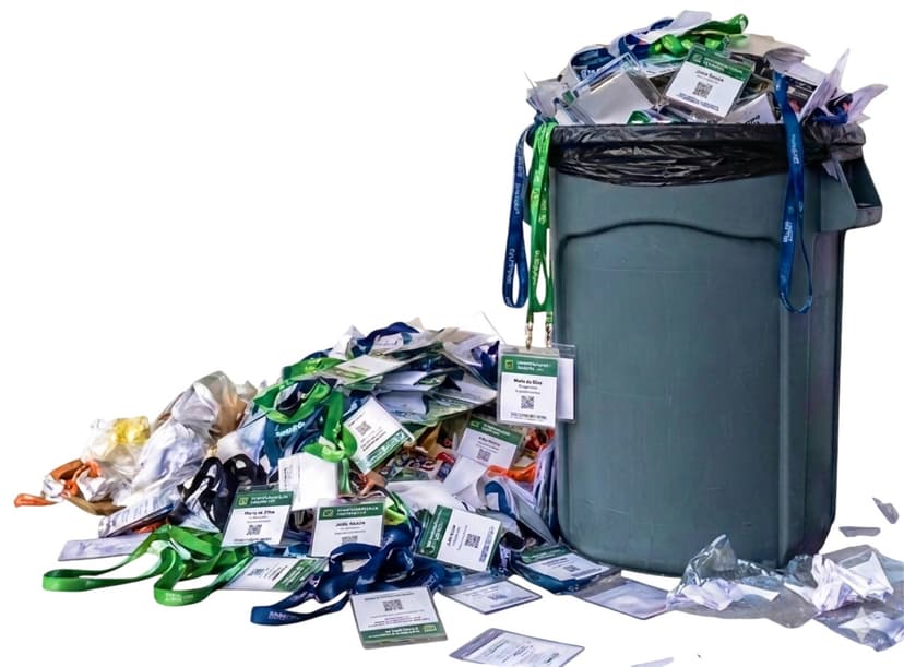 Crachá de papel comum descartável que gera lixo após o evento